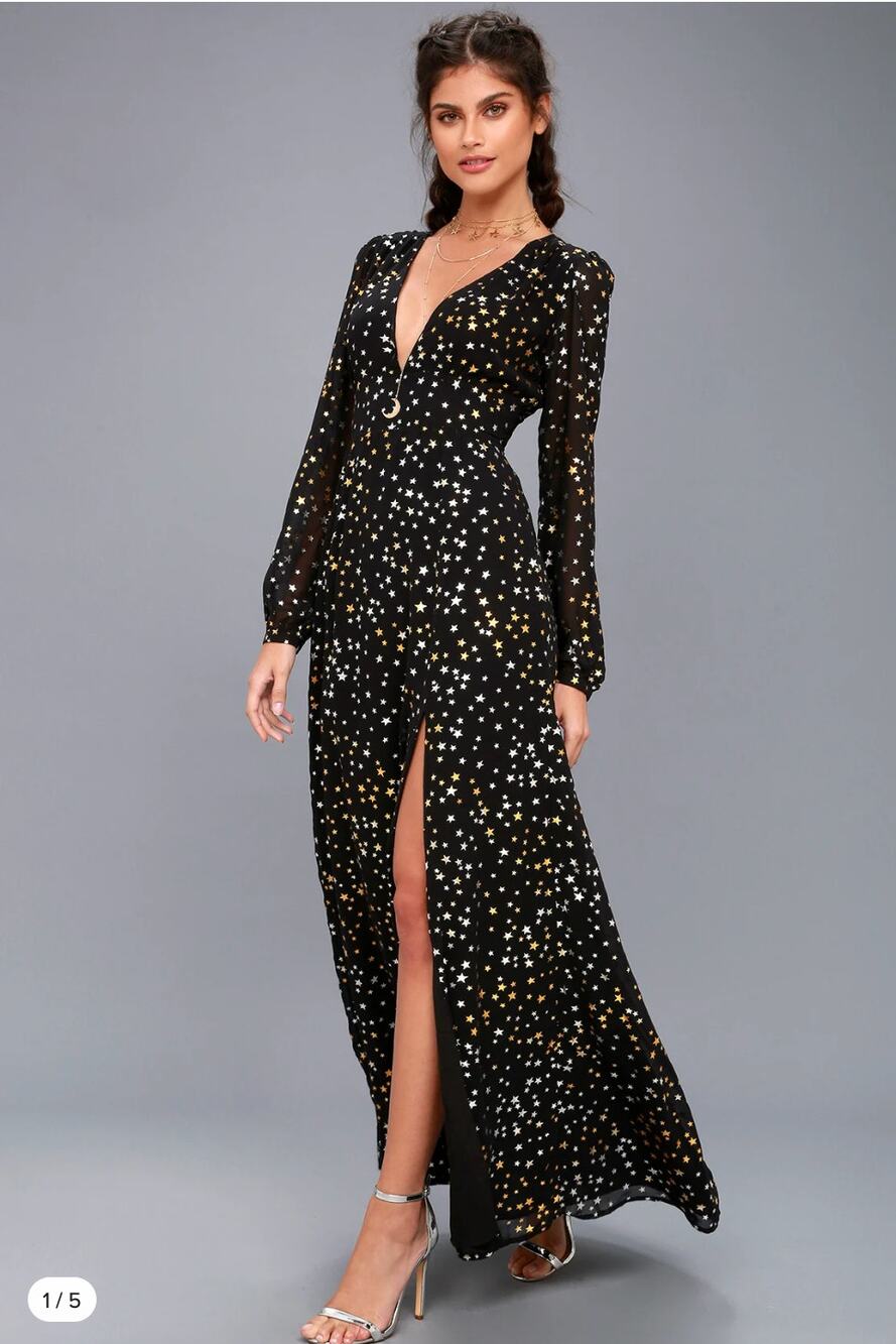 LSparks Fly Black Star Print Long Sleeve Maxi Dress